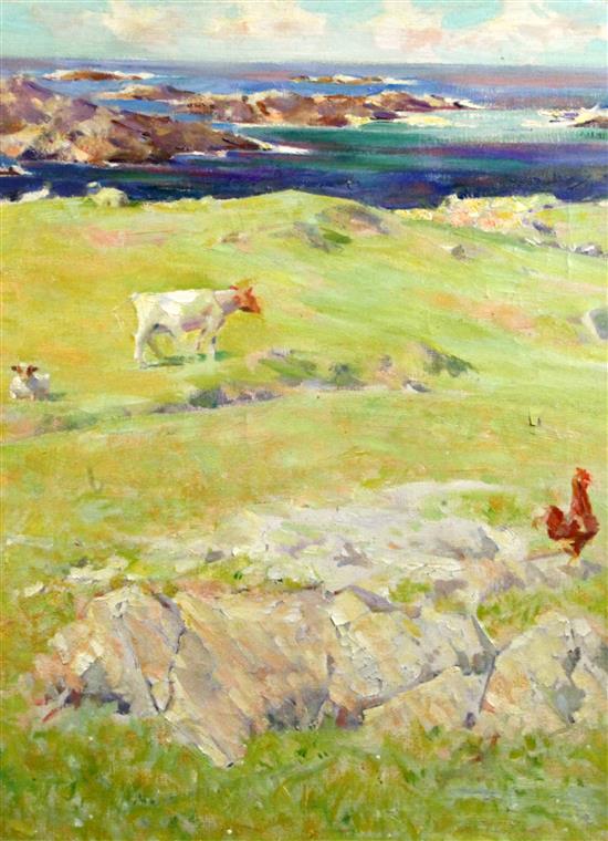 Henry Young Alison (1889-1972) Chickens and cattle in a coastal field, 24 x 18in.